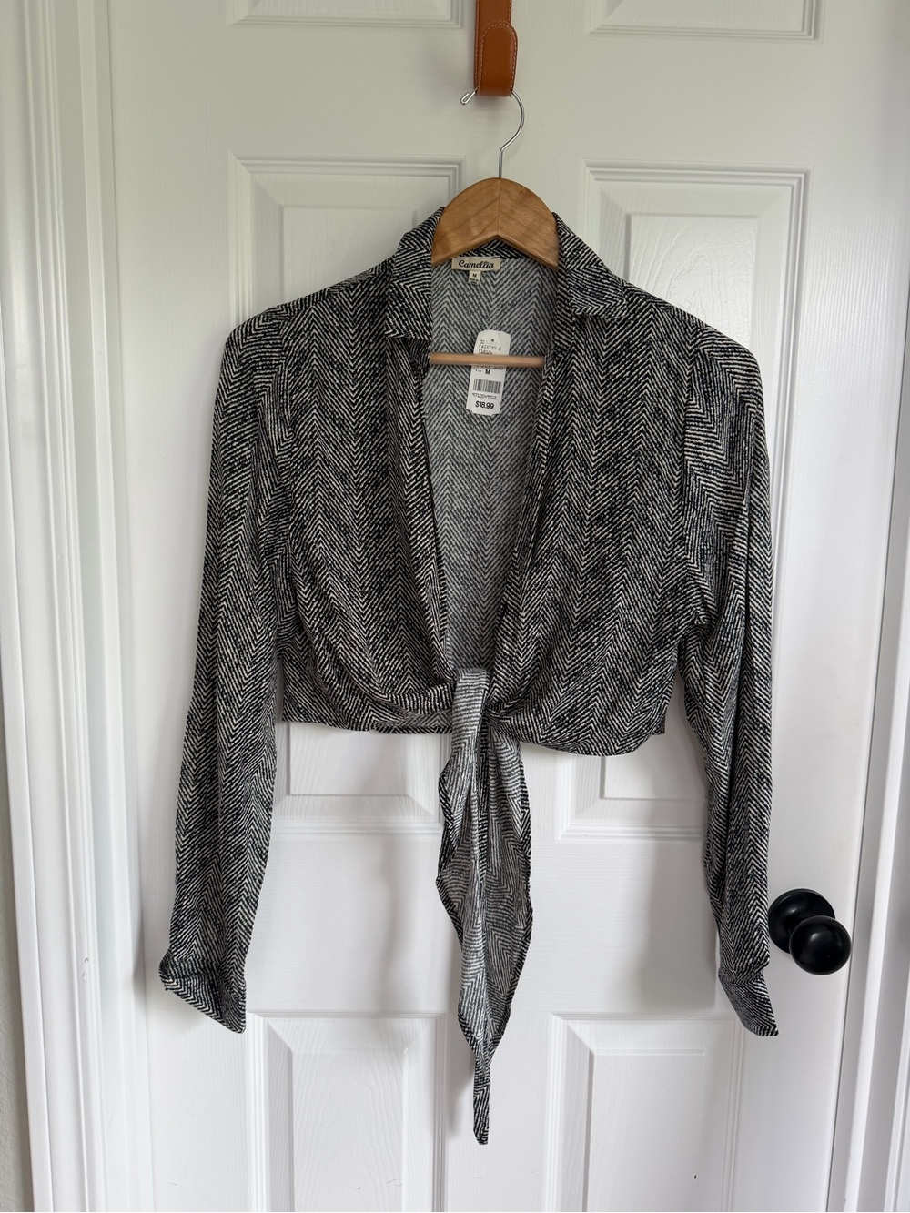 Tie-Front Herringbone Crop Top - Black & White